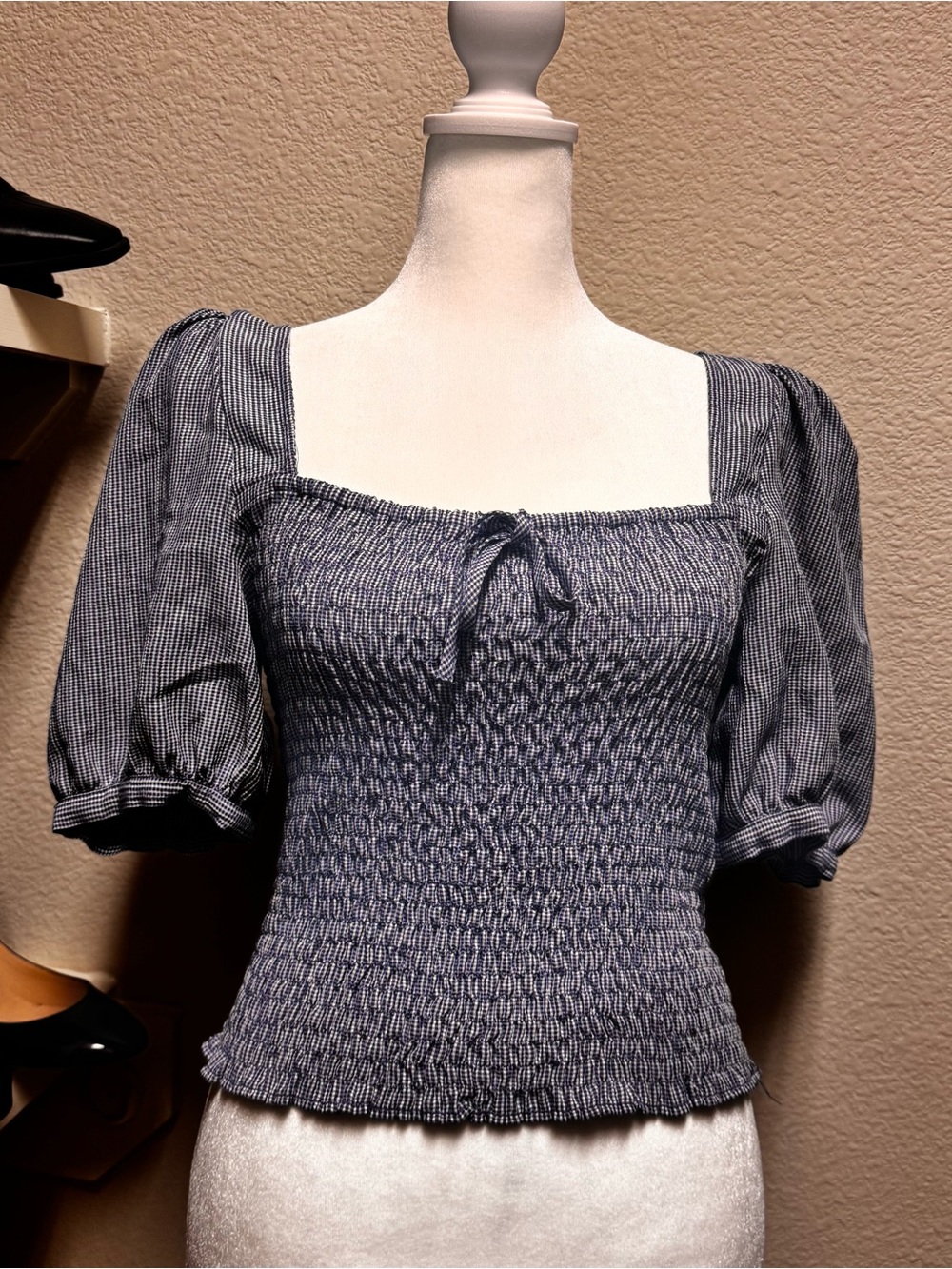 Rouje Katia Gingham Blue Smocked Square Neck Puff Sleeve Top Size 40 EUC